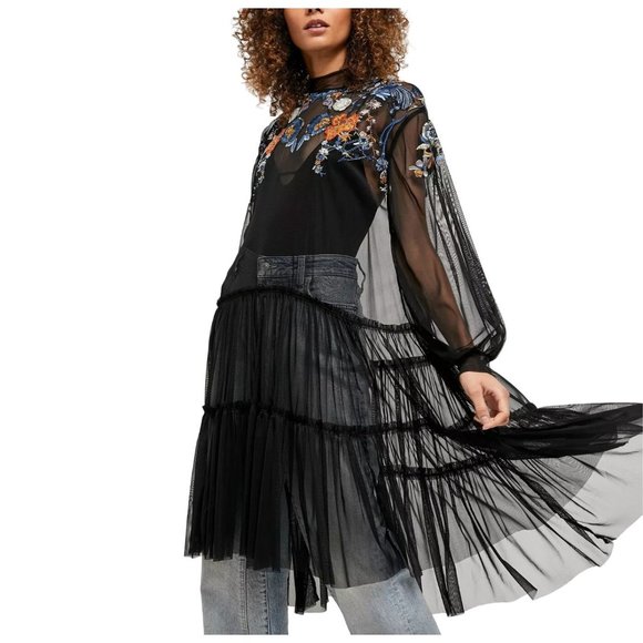 NEW Free People Sheer Delight Embroidered Black Maxi Top Size Medium - Picture 1 of 13